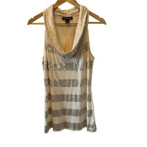 WHITE HOUSE BLACK MARKET Cream Silver Sequin Cowl Neck Sleeveless Top M